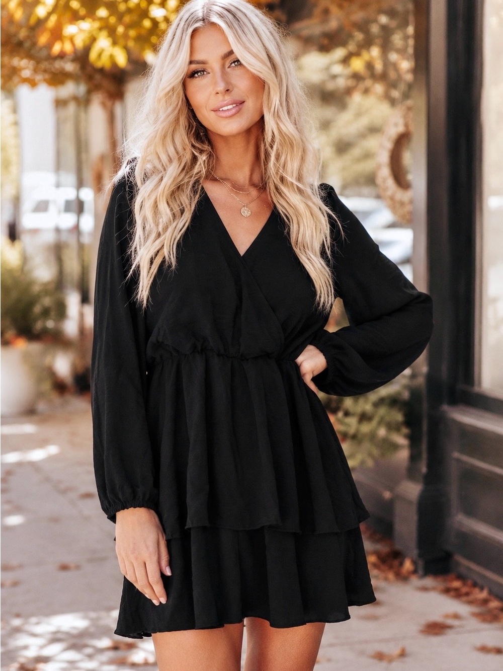 Black Tiered V Neck Dress